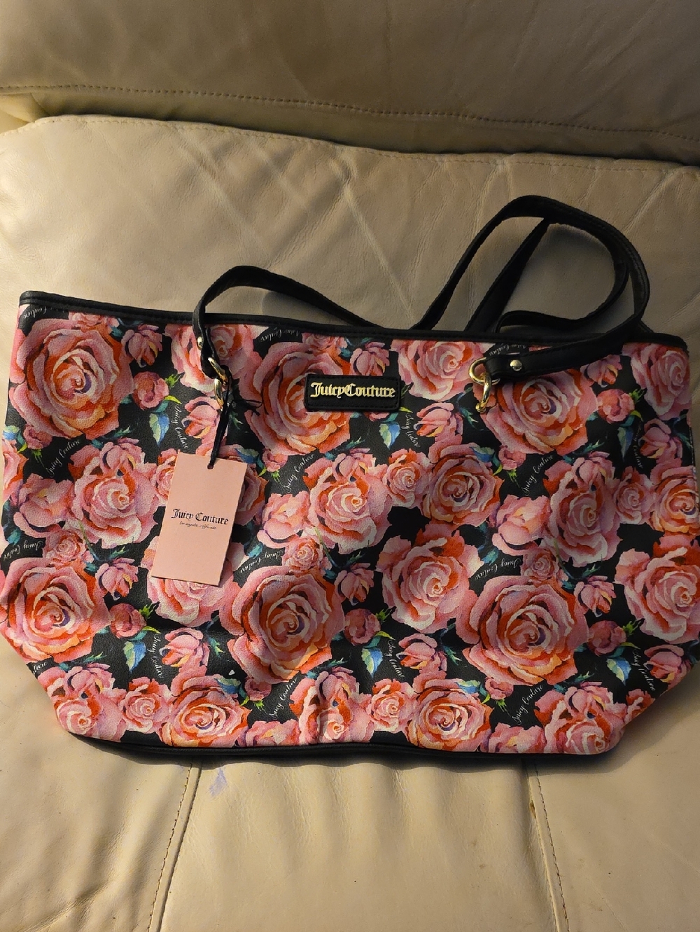 Juicy Couture Black Tote with Pink Rose Print